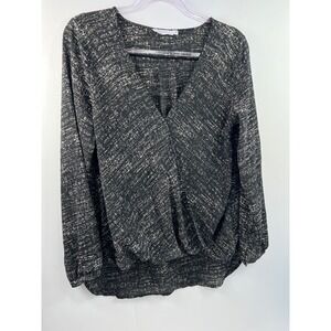 LUSH Wrap Tunic Blouse Women's Size L Black Brown Wrap V Neck Long Sleeve